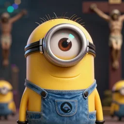 minion crucifixion by beksinski, fantasy, scary, award winning halo. octane render, cinematic, hyper realism, octane render, 8k, depth of field, bokeh. iridescent accents.