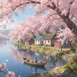 a small fishing village on the river | cherry - blossoms | highly detailed | very intricate | serene romantic fantasy whimsical magical | professional cinematic lighting | pixar | award - winning | matte painting by anton fadeev and paul lehr and rhads and alena aenami | pastel color palette | featured on artstation