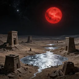 ancient tombs of forgotten doom under haunting sky full of stars, uneasy landscape of barren exoplanet gliese, lakes of molten quicksilver among the ruins, red giant sun, inspired by beksinski