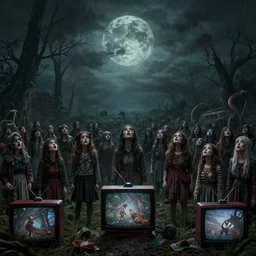 many people are turning off their tv sets and looking up to the sky. folk horror. digital art