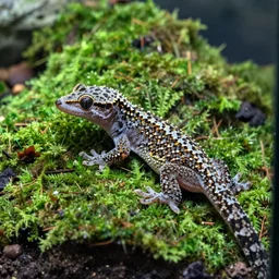 gecko sitting inside a terrarium, moss on the background