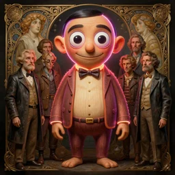 anthropomorphic highly detailed group portrait of funny mr bean neon giant cute eyes golem, intricate, elegant, highly detailed, digital painting, artstation, concept art, smooth, sharp focus, illustration, art by artgerm, bob eggleton, michael whelan, stephen hickman, richard corben, wayne barlowe, trending on artstation and greg rutkowski and alphonse mucha, 8 k