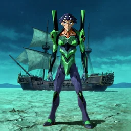 turquoise moonlight, a green pirate stands beside his wrecked sailing vessel at the bottom of a dried - up lake in a turquoise desert beneath a starless night sky, evangelion, kyoto animation still, intricately detailed features, digital painting, yoshiyuki sadamoto