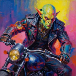 highly detailed oil painting of an apocalyptic scifi orcish biker, scifi fantasy character portrait by michael whelan, vibrant psychedelic colors, futuristic punk rock fashion, dynamic pose, perfect face, 8 k realistic, detailed eyes, leather jacket