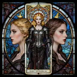 masterpiece head-on symmetrical centered portrait, Elisha Cuthbert and Natalie Dormer as a Gothic Warrior, blonde hair, gothic stained glass style, tarot card style, elegant, distant, in the style of Edgar Maxence and Ross Tran and Zdzisław Beksiński and Michael Whelan and Mucha and Gustave Doré, specular highlights, 8k, octane render
