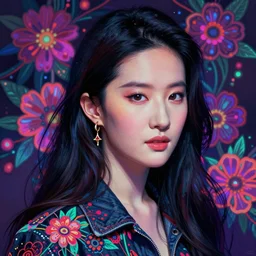portrait of liu yifei, hyper detailed masterpiece, neon floral pattern, jean giraud, digital art painting, darkwave goth aesthetic, psychedelic, artgerm, donato giancola and tom bagshaw