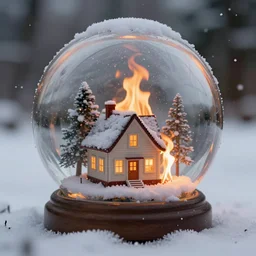house in flames inside a snow globe, award winning photo, depth of field, dramatic, snowing