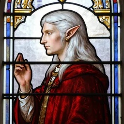 1 0 th century stained glass window, detailed side - view portrait of a male elf, pale, long white hair, pointy elf ears, red coat, masterful, backlit