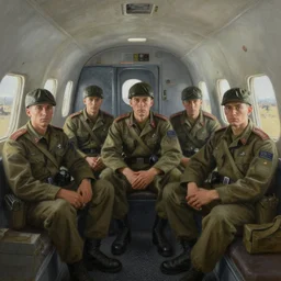 an award winning painting of soldiers sitting inside a plane on their way to the battlefield, an emotionless look on their faces