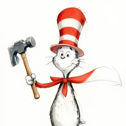 the cat in the hat holding a hammer and sickle flag, detailed, watercolor, in the style of dr. seuss, dr. seuss, zany