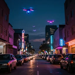 a neon lit - african urban street with flying drones,