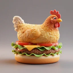 3D render of a living chicken inside a hamburger, food photography, studio lighting, highly detailed