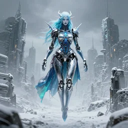 highly detailed portrait of wasteland floating beautiful metallic hovering frost android litch elemental witch lady, stray wiring by atey ghailan, james gilleard, by joe fenton, by greg rutkowski, by greg tocchini, by kaethe butcher, 4 k resolution, gradient blue, cyan, black and white color scheme!!! ( ( snowy glaciated robotic dystopian city background ) )