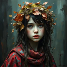 full body wide environmental shot portrait of beautiful girl by irakli nadar with intricate detailed color smashing fluid oil paint and acrylic, dried moss and dried autumn leaves headdress, melting wax, mycelia, abstract impressionism, ruan jia, dark fantasy, hyper detailed, concept art, by gustav klimt,