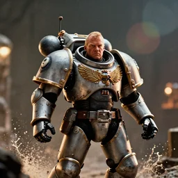 nigel farage as a space marine in warhammer space marine splash art, movie still, cinematic lighting, dramatic, octane render, long lens, shallow depth of field, bokeh, anamorphic lens flare, 8 k, hyper detailed, 3 5 mm film grain