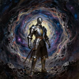 an arrogant knight steps casually into the abyssal portal, only to be met with unimaginable horrors from beyond. his body and mind are completely annihilated as he witnesses the end of time. space itself begins to warp into a single point of light and for a few silent moments the knight knows everything, from his world and beyon. dark fantasy, oil painting, high detail