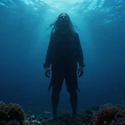 the man at the bottom of the sea, horror, uncanny, no text, 4 k hd,