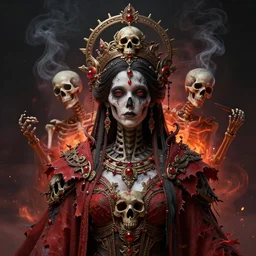 a beautiful detailed 3 d matte painting of female empress of the dead, by ellen jewett, tomasz alen kopera and justin gerard, symmetrical features, ominous, magical realism, texture, intricate, ornate, royally decorated, skull, skeleton, whirling smoke, embers, red adornements, red torn fabric, radiant colors, fantasy, trending on artstation, volu
