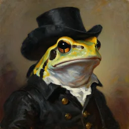 a head and shoulders portrait painting of an anthropomorphic!!!!!!!!!! amazon milk frog!!!!!!!!!! wearing a black!!!!!!!!!! colonial outfit without a hat looking off camera, a character portrait, romanticism, oil on canvas, thick brushstrokes, intense color