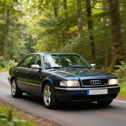 A beautiful portrait of an Audi A80 B4, driving in a forest at daytime, digital art by Eugene de Blaas and Ross Tran, vibrant color scheme, highly detailed, in the style of romanticism