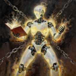 glowing robotic humanoid bursting chains, and holding a glowing book, detailed oil painting