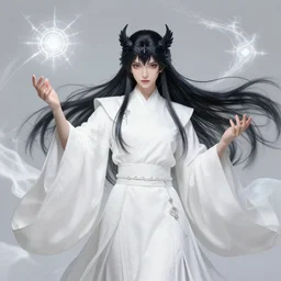 raven headed warlock doing magic spells wind, white robes, finely detailed perfect anime face, exquisite details, mid view, design on a white background, by studio muti, greg rutkowski makoto shinkai takashi takeuchi studio ghibli