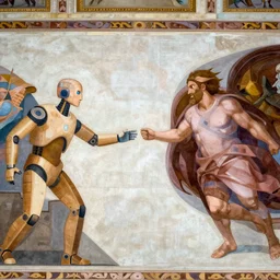 fresco painting of two robots reaching to one another in the style of the creation of adam in the sistine chapel