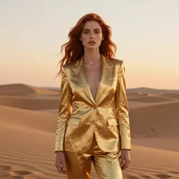 portrait of a girl with long red hair, very beautiful style, girl, in gold suit, desert, dunes, photorealism, sunset, edgard maxence,