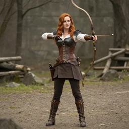 full body photo of christina hendricks as a steampunk archer