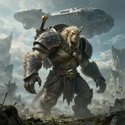 highly detailed elden ring portrait photo of a huge golurk in scenic dystopian environment. an even bigger massive spaceship lifts off in the background, hyperrealistic illustration by william didier - pouget