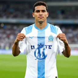 Alexis Sanchez with Marseille shirt, in the style of Captain Tsusaba, by Yōichi Takahashi