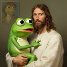 jesus holds a pepe frog character, highly detailed, digital painting, artstation, concept art, wallpaper, smooth, sharp focus, illustration, art by and artgerm and greg rutkowski and alphonse mucha