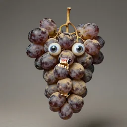 a dusty dry taxidermy of a grapes - bunch, glass eyeballs, false teeth,