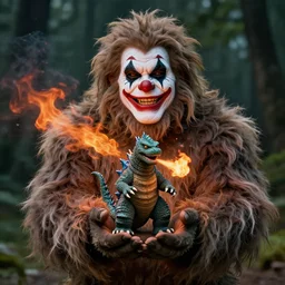 a shaggy sasquatch wearing clown makeup holds a tiny godzilla in his cupped hands ; sasquatch smiles ; tiny godzilla breathes fire ; trending on artstation