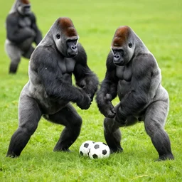 gorillas playing soccer, vivid