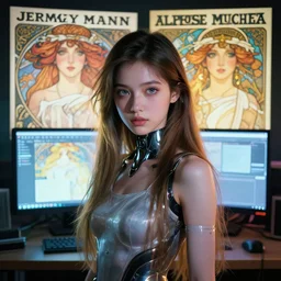 hyperrealist portrait of a pretty young gynoid with large eyes and long hair standing in front of a computer simulation by jeremy mann and alphonse mucha, fantasy art, photo realistic, dynamic lighting, artstation, poster, volumetric lighting, very detailed faces, award winning
