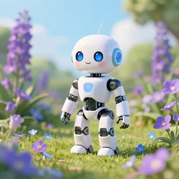 toy humanoid robot in a garden, hyper detailed, sharp focus, bokeh, unreal engine, ray tracing, cute, fantasy, sci fi, purple flowers, blue flowers, violet flowers, glowing flowers, tiny, small, hyper realistic, sky