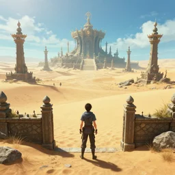 a young man standing at the entrance of an isolated sacred spiritual fantasy alien village in a vast sand desert after a long journey, final fantasy, square enix, squaresoft, jrpg, unreal engine