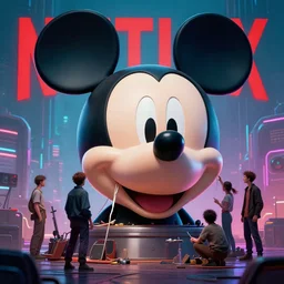 a group of people repairing the huge head of mickey mouse, cyberpunk art by greg rutkowski, a netflix logo on the background cgsociety, retrofuturism, dystopian art, concept art