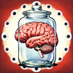 album cover art for brain in jar, eyes around border, by akihiko yoshida