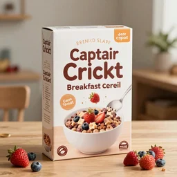 cereal box for captain cricket breakfast cereal, product photography, 8 k