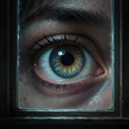 a giant eye looking through a window,eerie,creepy,unnerving,digital art,art by greg rutkowski,design by trevor henderson,hyperdetailed skin,photorealistoc,deviantart,artstation,mysterious,4k