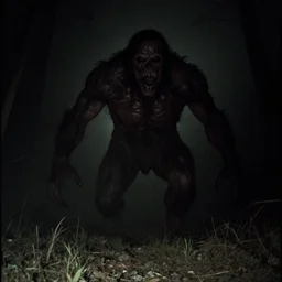 giant scary horror creature emerges from the darkest shadows, trail cam footage