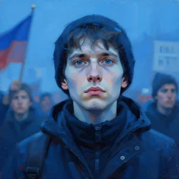 painting of an activist of an oppositional protest in russia, cold blue colours, digital art by takashi murakam, award winning, trending on artstation