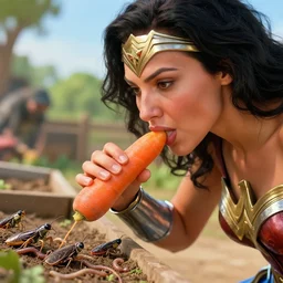 a closeup photorealistic illustration of wonder woman feeding carrots to a farm pen with crickets and worms. bright scene. fine detail. this 4 k hd image is trending on artstation, featured on behance, well - rendered, extra crisp, features intricate detail, epic composition and the style of unreal engine.