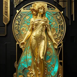 photo hyper realistic concept arthouse solarpunk, style brutalism, gold and black turquoise ratio, alphonse mucha, octane render volumetric lighting