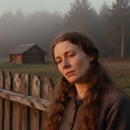 close up portrait bust of woman, next to wood fence, tired expression, faded color film, russian cinema, tarkovsky, technicolor, heavy forest, wood cabin in distance, shallow depth of field, long brown hair, old clothing, heavy fog, atmospheric haze, brown color palette, sunset, low light, hudson river school, 4 k, dramatic lighting