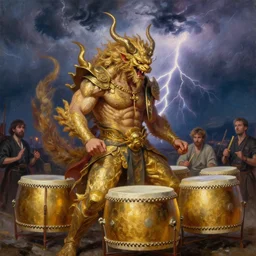 raijin with golden drums. strong storm with lightning in the background. realistic, highly detailed, oil painting. by oil painting in a modern style, very detailed, painted by greg rutkowski, sachin teng, thomas kindkade, alphonse mucha, norman rockwelll
