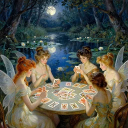 a group of gracious fairies playing cards on a table in an atmospheric moonlit forest next to a beautiful pond filled with water lilies, artwork by ida rentoul outhwaite