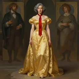 elle brooke wearing a golden dress, grey hair, red necktie, cinematic, stunning, highly detailed, digital painting, artstation, smooth, hard focus, full body shot, illustration, art by artgerm and greg rutkowski and alphonse mucha